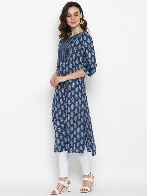 Janasya Women's Blue Cotton Block Print Kurta